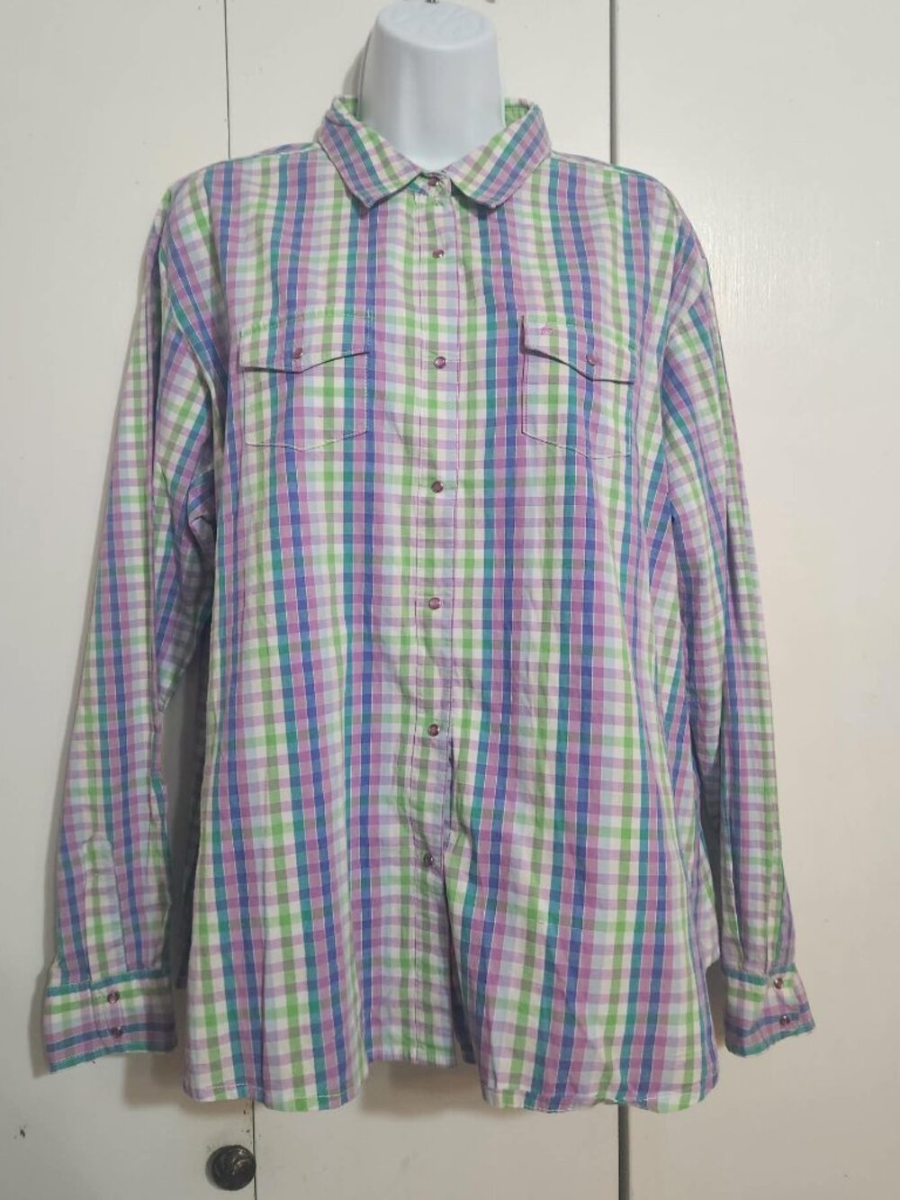 Wrangler Aura Women’s XXL Western Rodeo Snap Shirt Plaid Pastel Purple Green